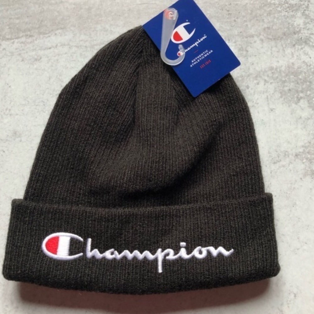 Champion Black Knit Cuffed Beanie Script Logo NWT